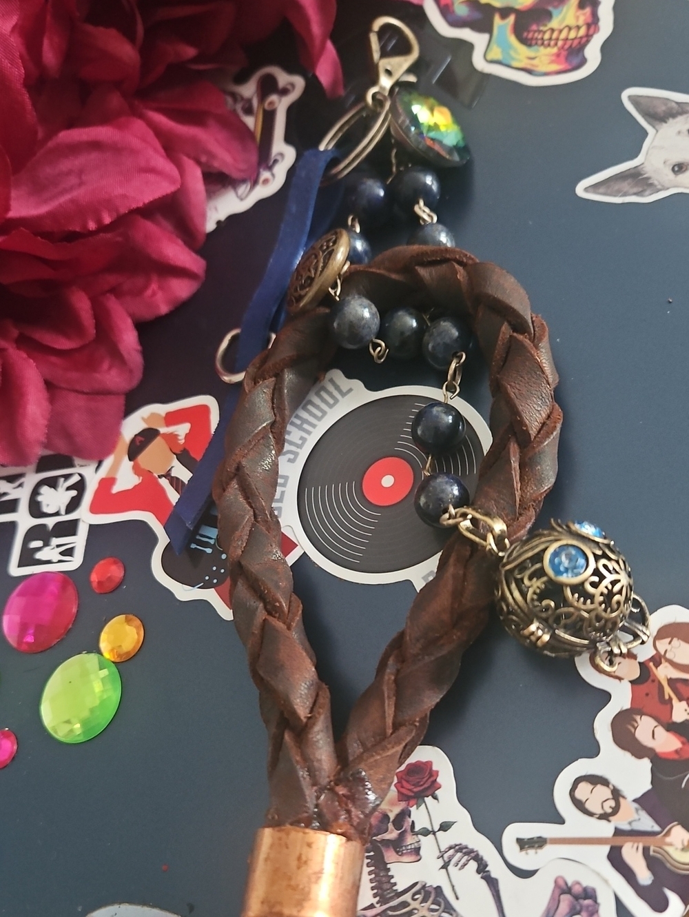 Hand Crafted Bohemian Hand Braided Leather Charm Key Chain w Lapis Laluzi Beads